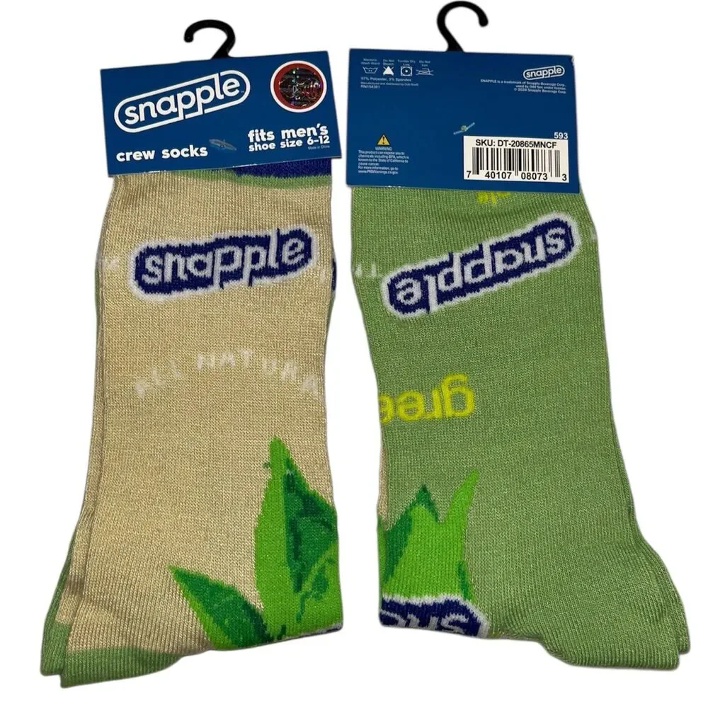 1x Snapple Green Tea Novelty Crew Socks Adult Set Size 6-12